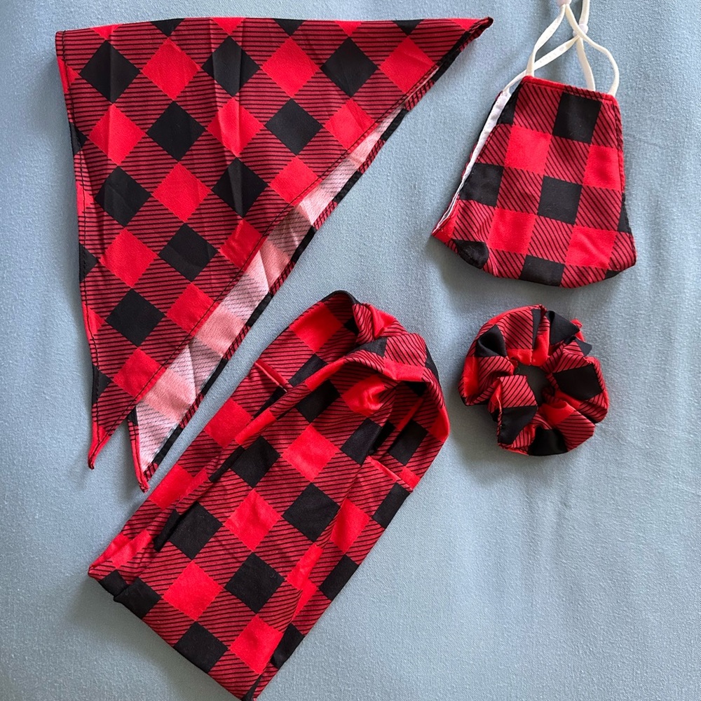 The Buddy Bodega Flannel 4 Piece Matching Set - dog Bandana, headband, scrunchie